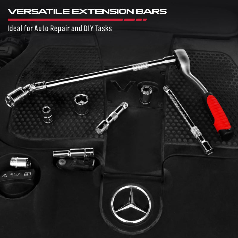 3/8" Socket Extension Bar Set: 4-Piece Professional Socket Extension Set Include 3, 6, and 10 Inch Extensions and 3/8 Inch drive Universal Joint Socket, Premium Cr-V Steel Construction