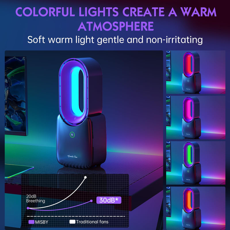 Misby Rechargeable Desk Fan, 5-color LED Light Bladeless Table Fan of 11.8 Inch, Purple Desk Fans Small Quiet for Bedroom, Home, Office Grey/Purple
