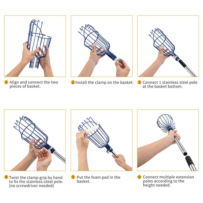 Oak Leaf Fruit Picker, 13 Foot Fruit Picker Pole with Basket Apple Orange Picker Tool Tree Fruit Catcher with Lightweight Stainless Steel Connecting Pole, Sturdy Basket with Foam Pad, Metal Clamp