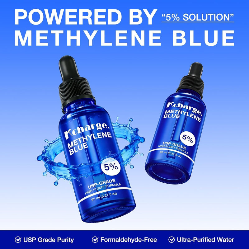 Kcharge 5% Methylene Blue Drops, USP Grade Liquid, 95ml / 3.21 fl oz | 5% methylene blue drops, USP grade liquid solution, COA-verified batch testing, amber glass bottle, precision dropper
