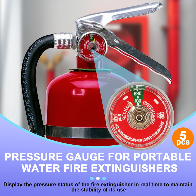 5PCS 100 PSI Pressure Gauge for Portable Water Fire Extinguishers Compatible with Amerex, Ansul, Badger, Stainless Steel Water Fire Extinguisher Replacement Part, 1/8" NPT Thread, Red Dial