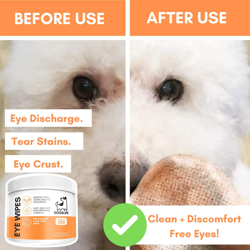 Dog Eye Wipes | Safe & Easy Cleaning Eye Wipes for Dogs | Remove Tear Stains, Dog Eye Crust & Eye Discharge | Pack of 100 | Soothing Aloe Vera Formula!