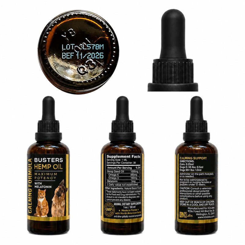 Buster's Cold Pressed Hemp Seed Oil for Dogs and Cats - Melatonin Calming Drops - 2-Pack Natural Pet Hemp Oil - Sleep Support Supplement