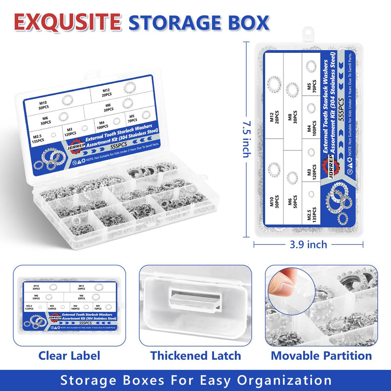555Pcs External Tooth Lock Washers Assortment Kit, 304 Stainless Steel Metric External Tooth Star Lock Washer - M2.5 M3 M4 M5 M6 M8 M10 M12 for Retaining Clips Fasteners External Tooth Washers-Silver
