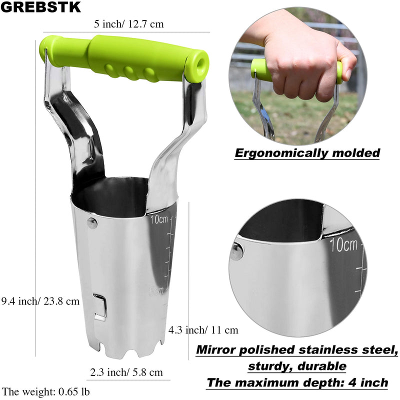 GREBSTK Sturdy Stainless Steel Gardening Bulb Transplanter Tool with Depth Mark and Soil Release Handle for Planting Bulbs 9.4 inch