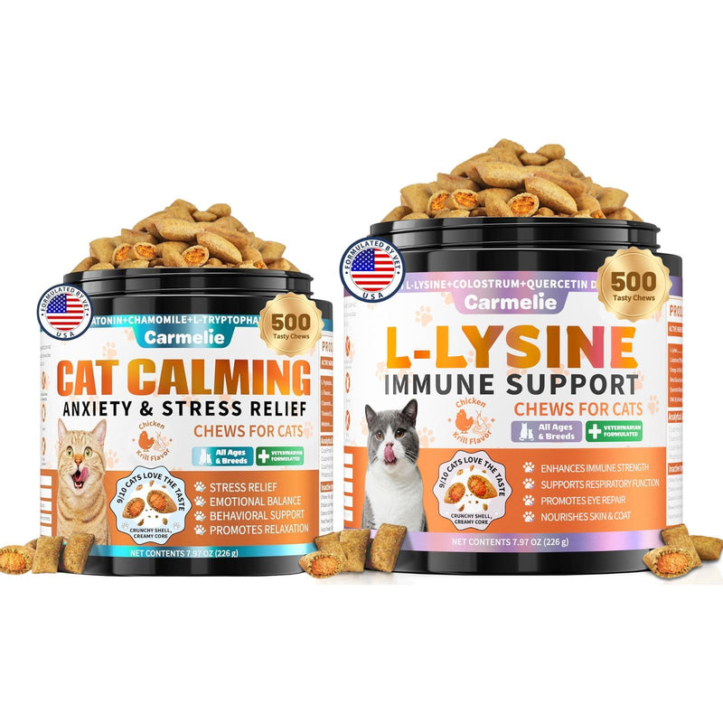 Carmelie Cat Calming & Lysine Treats Bundle, 500 Calming Chews + 500 Lysine Immune Support Chews for Cats – Stress Relief, Immune & Respiratory Support – Chicken & Krill Flavor