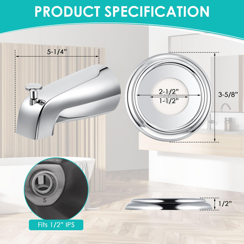 Universal Bathroom Tub Spout with Metal Tub Spout Cover Ring, 5 1/4 Inches Reach Wall Front Mount Faucet with Shower Diverter 1/2" IPS Inside Thread(Chrome) Chrome - NewNest Australia