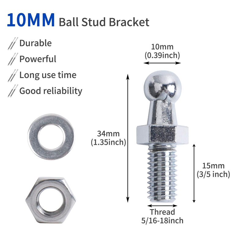OTUAYAUTO 4Pcs 10mm Ball Studs With Hardware - 5/16-18 Thread x 3/5" Long Shank - For Universal Gas Strut Lift Support Gas Strut Ball Studs (pack of 4)