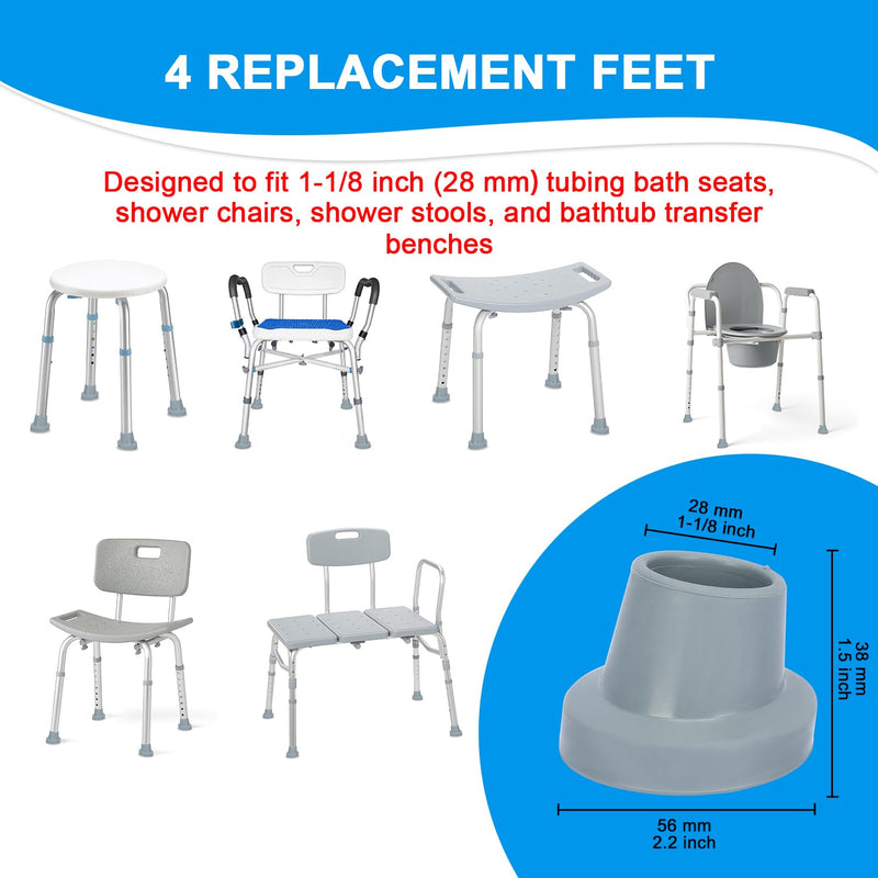 supregear Shower Chair Leg Caps - Heavy Duty Replacement Feet for Shower Chair Bath Seat, 1-1/8" I.D. Slope Rubber Tips for Shower Stools Transfer Bench Non-Slip Extreme Grip Suction Cup Feet, 4PK Grey