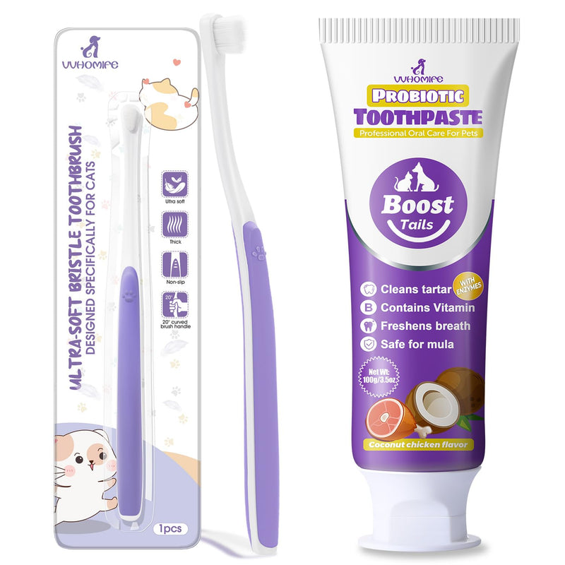 Cat Toothbrush for Kitten Teeth Cleaning + Natural Coconut Oil Cat & Dog Toothpaste.Enzymatic