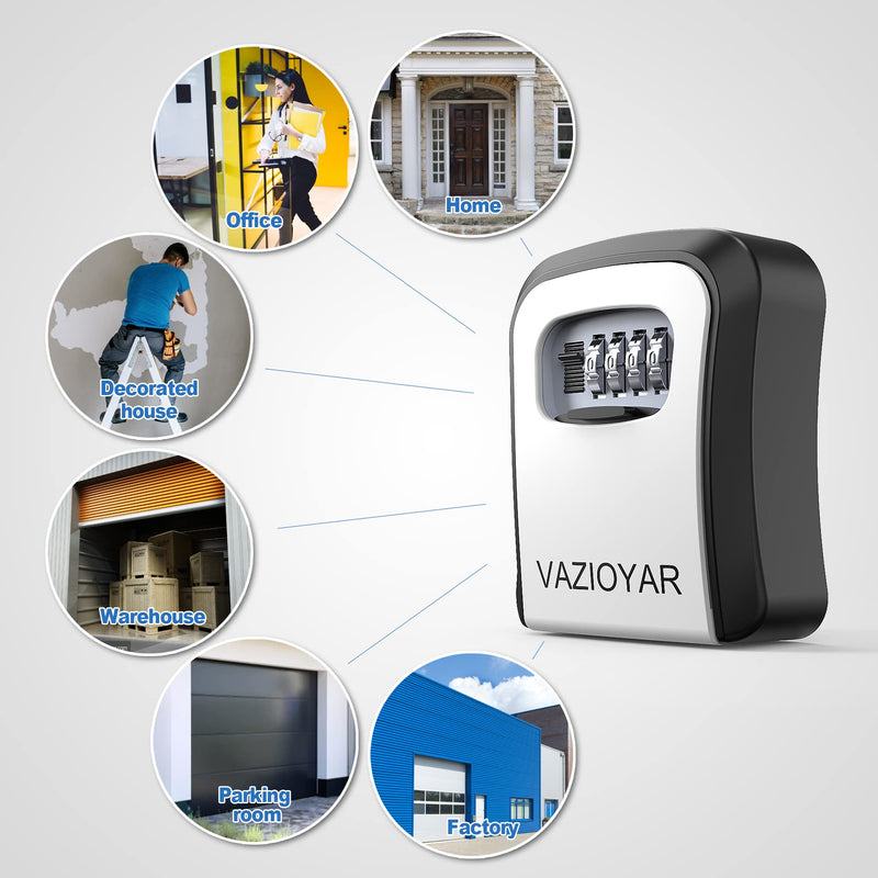 Key Lock Box for Outside, Portable Waterproof Wall Mounted Resettable 4-Digit Combination Key Storage Lockbox, 5 Keys Capacity Key Safe Lock Box for Home,Garage, Office (Without Shackles) Without Shackles