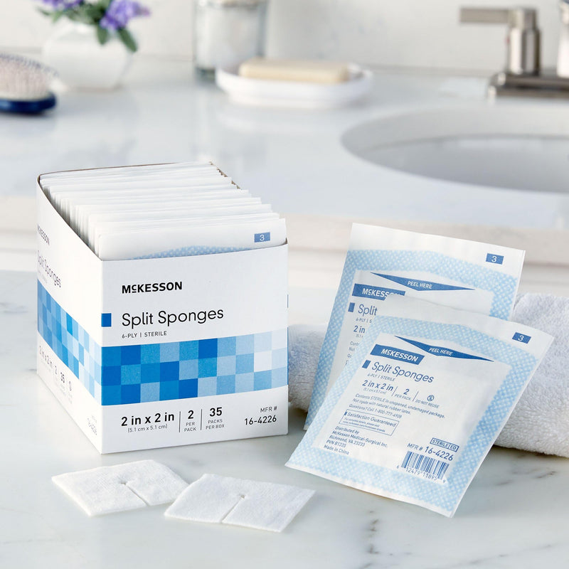 McKesson Split Sponges, Sterile, 100% Cotton, I.V. Drain Split Dressing, 2 in x 2 in, 2 per Pack, 35 Packs, 70 Total - NewNest Australia