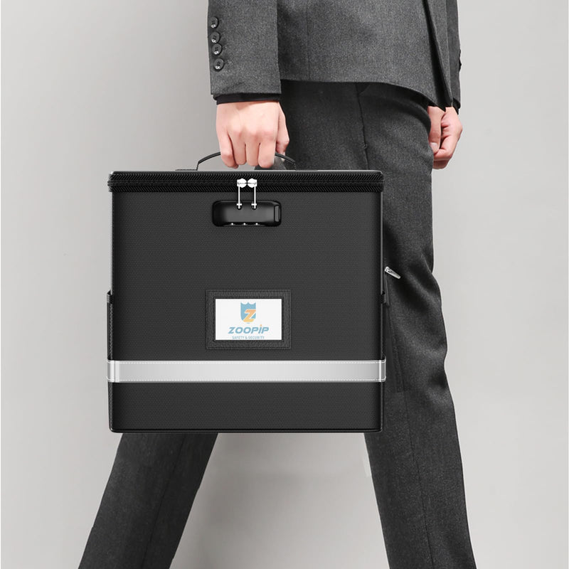 Fireproof File Box with Lock, Document Box Storage Organizer, Suitable for Hanging File Folders in Letter Size, Collapsible File Box, Reflective Strip for Fast Find (12.2"*6"*10.2, Black) Small