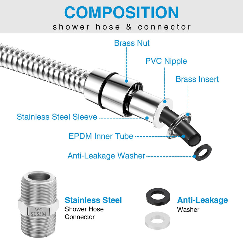 Dreyoo Shower Hose with Shower Hose Extension Connector, 39 Inch Handheld Shower Head Hose with Brass Insert and Nut, 1/2 to 1/2 Shower Hose Extender, Stainless Steel (Chrome) Chrome