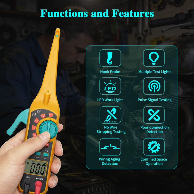 Automotive Circuit Tester with Hook Probe, 4-in-1 Digital Multimeter Auto Electrical Tester DC/AC Aging Voltage Resistance Continuity Battery Diode Tester with Screen for Car Truck Repair