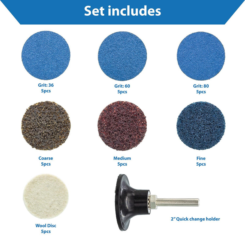 TJR® 2" Quick Change Discs Type R 35PCS Set with 1/4" Holder Roll Lock Type for Die Grinder – Ideal for Surface Conditioning, Burr Removal, Deburring, Grinding, Polishing, Rust and Paint Removal