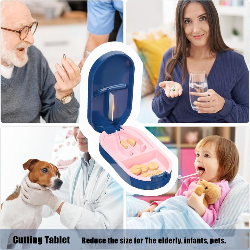 Pill Cutter Splitter for 1/2 Cuts, Small Tablets and Vitamins, Easy-Open Button, Built-in Storage, Shielded Stainless Steel Blade, Portable Tablet Splitter(Blue)