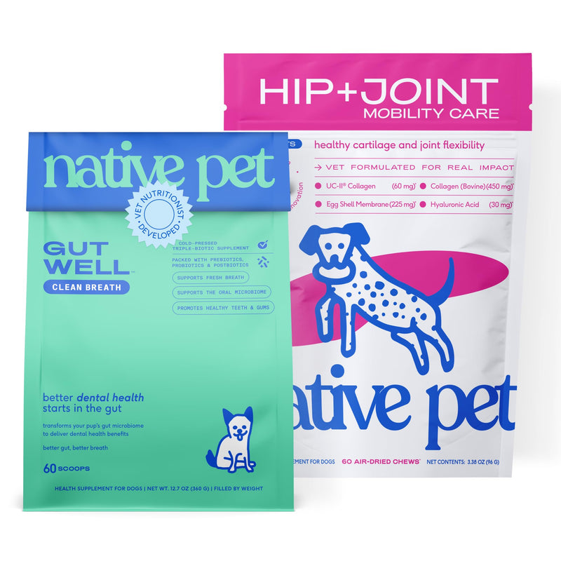 Native Pet Oral & Joint Health Bundle: Hip & Joint Supplement for Dogs - Helps Maintain Healthy Cartilage & Joint Flexibility & GutWell Clean Breath - Dog Breath Freshener - 60 Count