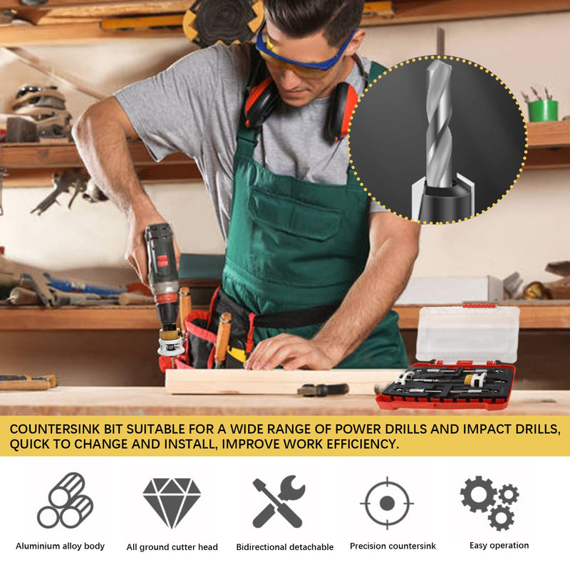 Countersink Drill Bits Set with Low Friction Depth Stop, 1/4" Quick Change Hex Shank Countersink Drill with Replaceable HSS Pilot Drill Bit, Counter Sink Drill Bit for Woodworking
