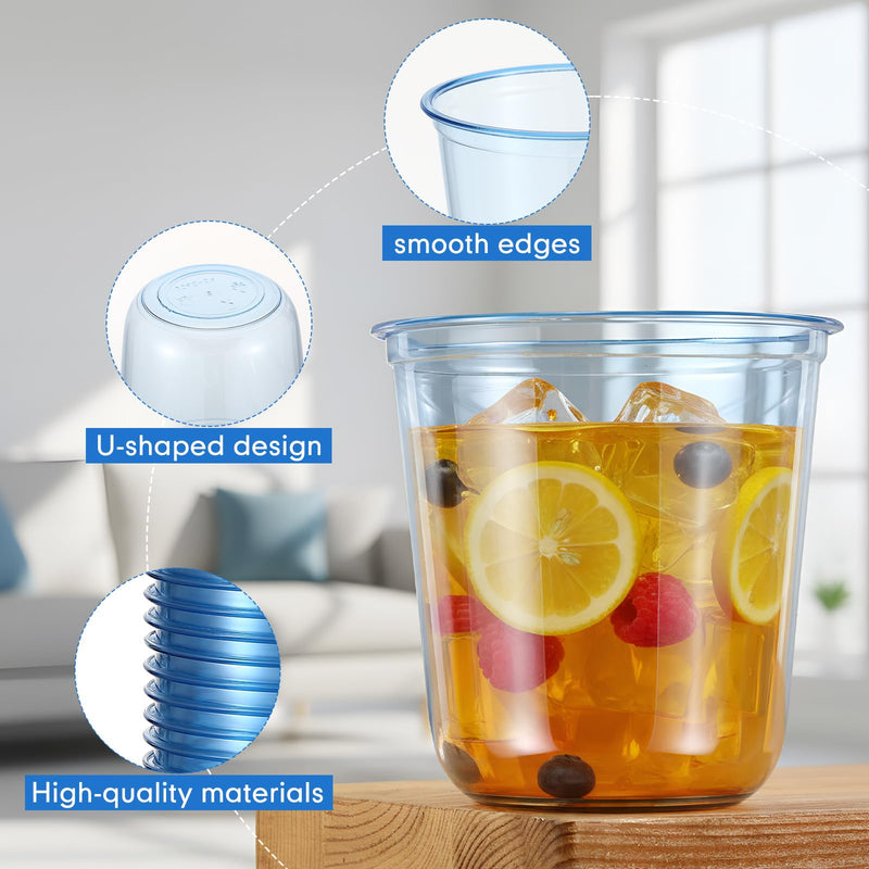 100 Pcs Disposable Stemless Glasses 12oz Crystal Plastic Wine Glasses Clear Classic Pet Cup for Meeting Weddings Birthdays Cocktail Christmas Party Supplies (Light Blue) Light Blue 100