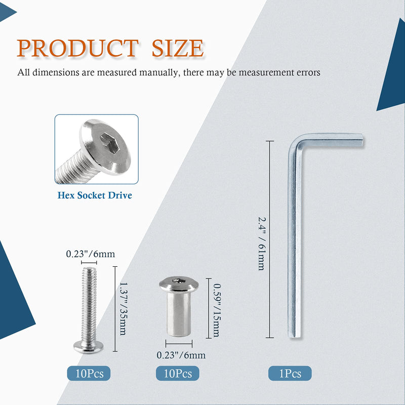 10 Pair(20 Piece) M6x35mm Hex Drive Socket Cap Bolt with Allen Wrench, Silver Furniture Connector Bolts M6 Countersunk Screw Barrel Nuts Binding Screws for Crib Replacement Belt Cabinet
