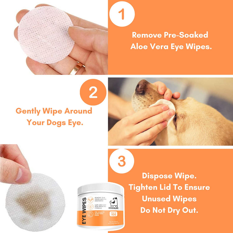 Dog Eye Wipes | Safe & Easy Cleaning Eye Wipes for Dogs | Remove Tear Stains, Dog Eye Crust & Eye Discharge | Pack of 100 | Soothing Aloe Vera Formula!