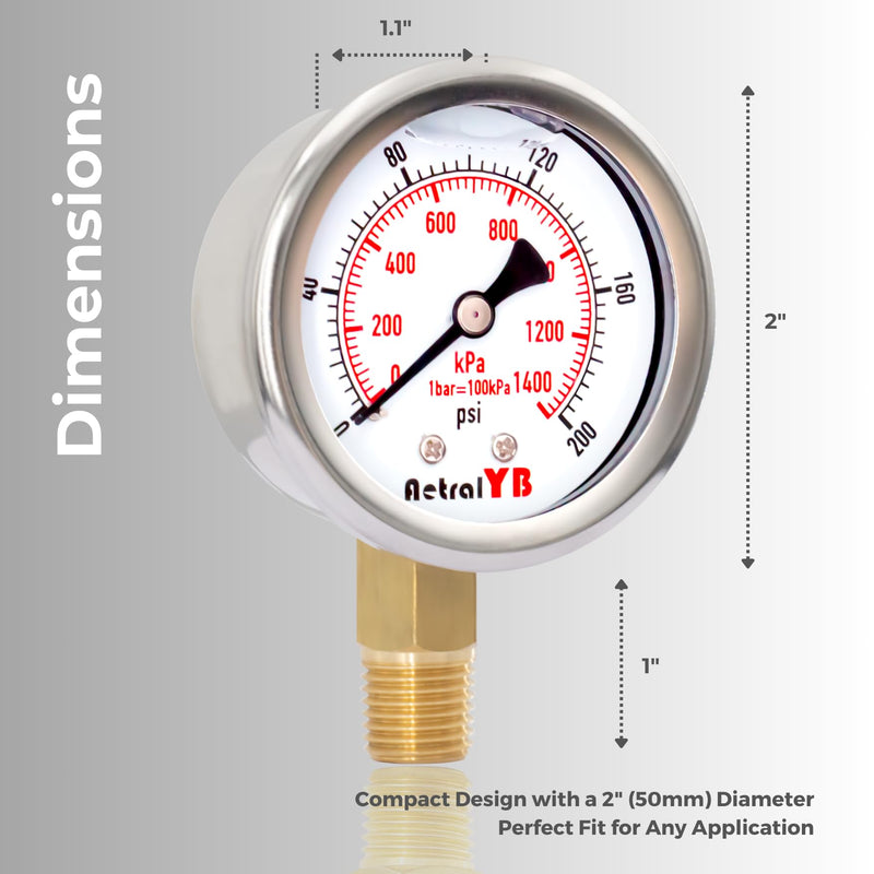 0-200 Psi 2-Inch Waterproof Pressure Gauge, Liquid-Filled, 1/4" NPT Lower Mount, Stainless Steel, Pressure Gauge for Water Pumps, Oil Systems, Pneumatic Air, and Pool Sand Filters 0-200psi