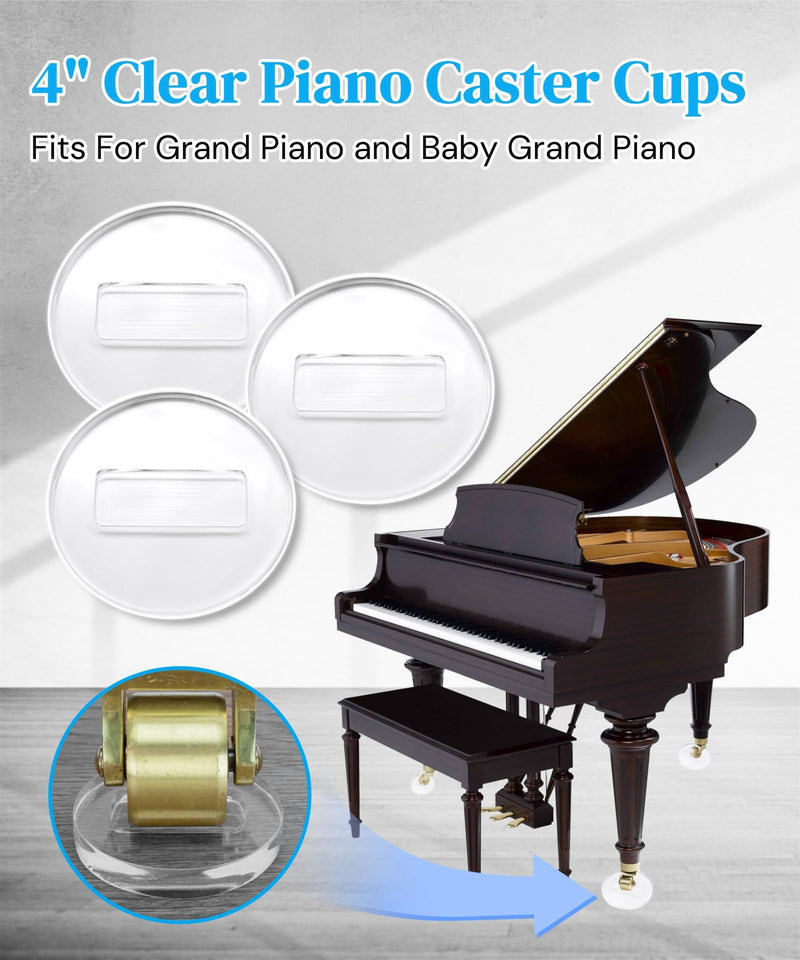 4" Clear Piano Caster Cups(with Dust Cloth) Fits for Grand Piano and Baby Grand Piano,Piano Caster Piano Leg Floor Protectors Fits for Hardwood Floor and Carpet,Set of 3