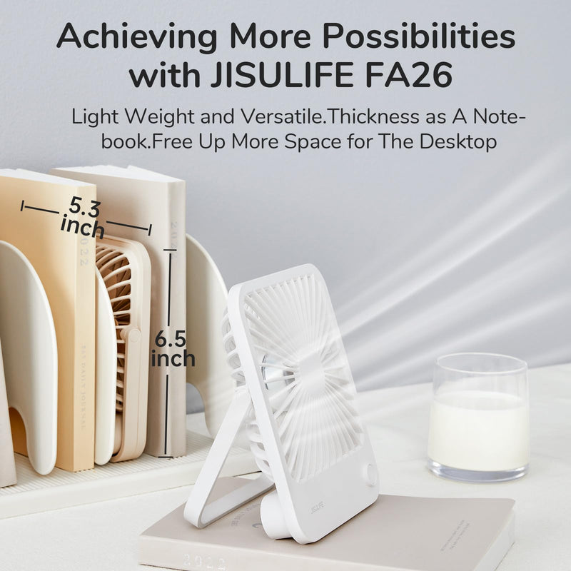 JISULIFE Desk Fan Battery Rechargeable, 4500mAh 180°Foldable Portable Personal Fan, 4 Speeds Adjustable Long Battery-life for Home Office Travel Outdoor Gifts for Women Men-White White