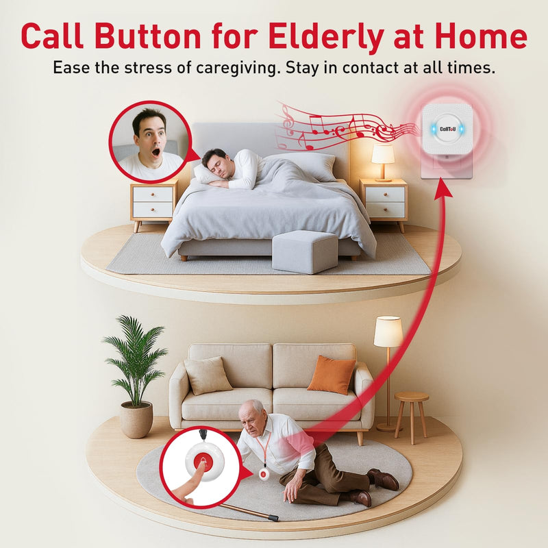 CallToU Elderly Monitoring Call Button Wireless Caregiver Pager Smart Senior System with Light Personal Buzzer Alarm 2 Portable Transmitters 1 Plugin Receiver 2 call buttons + 1 receiver