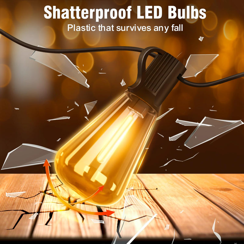 100FT Solar String Lights Outdoor Waterproof with Remote & Timer, LED Shatterproof ST38 Bulbs, USB & Solar Powered Patio Lights for Backyard, Porch, Garden, Wedding, Christmas Decor 100FT