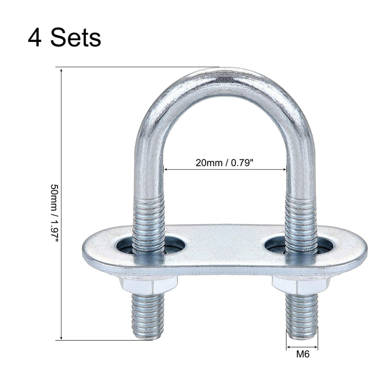 uxcell Round U-Bolts 4 Sets 0.79"(20mm) Inner Width 50mm Length Steel M6 with Nut, Plate, Washer M6x20mmx50mm