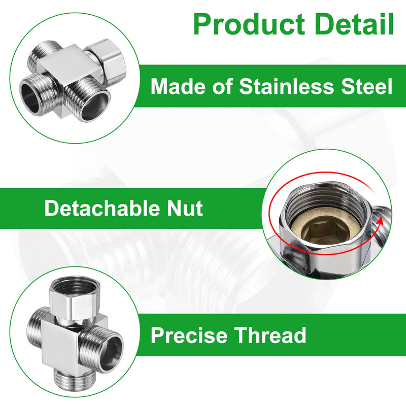 uxcell G1/2" Shower Diverter Valve 4 Way, Stainless Steel Bidet Square Adapter Connector Hose Fitting Tee with PTFE Tape for Bidet Angle Valve Hose Bath Toilet Faucet(53mm,Silver)