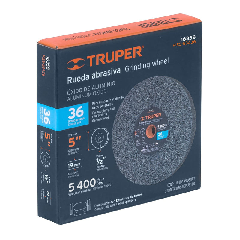 TRUPER PIES-53436 5" Aluminum Oxide Bench Grinding Wheels. Grit=36, Thickness=3/4", Arbor=1/2". 1 Pack