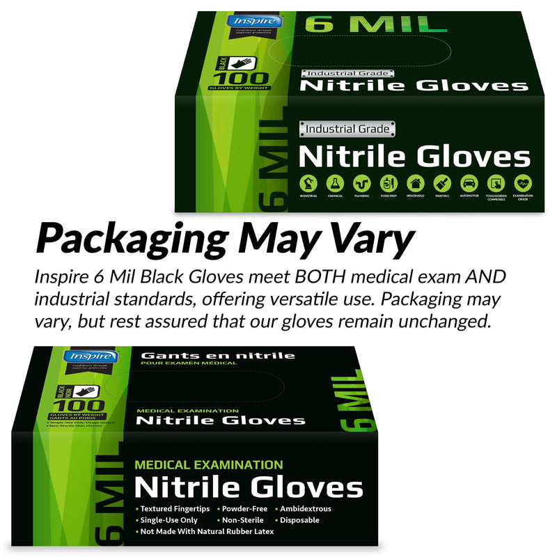 Inspire Black Nitrile Gloves HEAVY DUTY 6 Mil Nitrile Chemical Resistant Medical Cooking Cleaning Disposable Black Gloves Large Black 6mil Box of 100