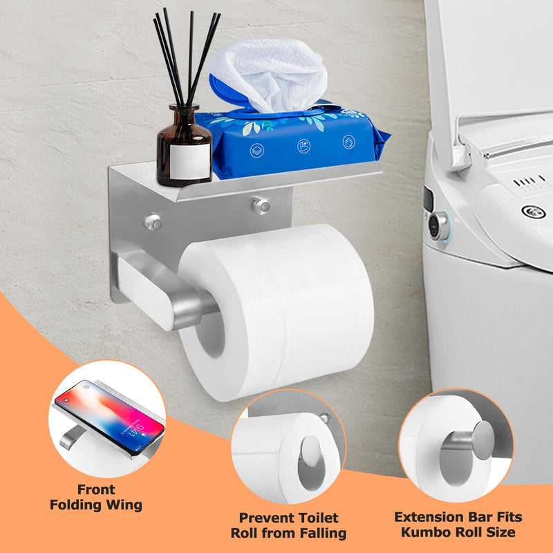 4 Piece Silver Bathroom Hardware Set, Stainless Steel Wall Mounted Towel Hooks, Ring & Oversized Toilet Paper Holder with Shelf, Modern Home Accessories for Bathroom, Washroom, Kitchens and RVs