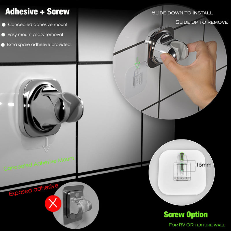 Hand held Shower Head Holder - 5 Angles Adjustable - Slide to Fit - Adhesive Screw Options for Multiple Surfaces - Minimal Shower Wand Holder (Chrome) Chrome