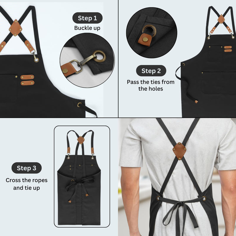 RUVANTI Work Apron for Men, Oil & Water Repellent, Poly Cotton Cross Back Aprons for Women with Pockets, Adjustable up to XXL Black - 3 Pockets - Pack of 1 Water Repellent Apron
