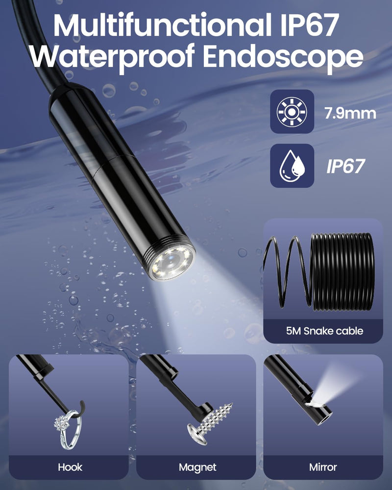 Endoscope Camera with Light, 1920P HD Borescope with 8 Adjustable LED Lights, Snake Camera with Semi-Rigid Cord, IP67 Waterproof Scope Tools for Pipe Inspection for iOS and Android,16.4ft Single Lens