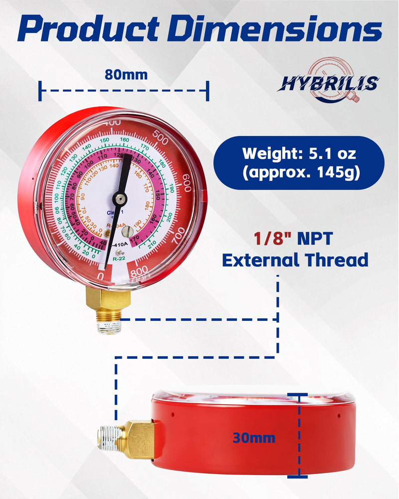 49137 Manifold Gauge, 3-1/8"(80 mm) HVAC Gauges, R-22, R-404A, R-410A | Degree F, Red HVAC High Pressure Gauge, Professional HVAC Gauge, Leak-Proof Sealing, Color-Coded Accuracy