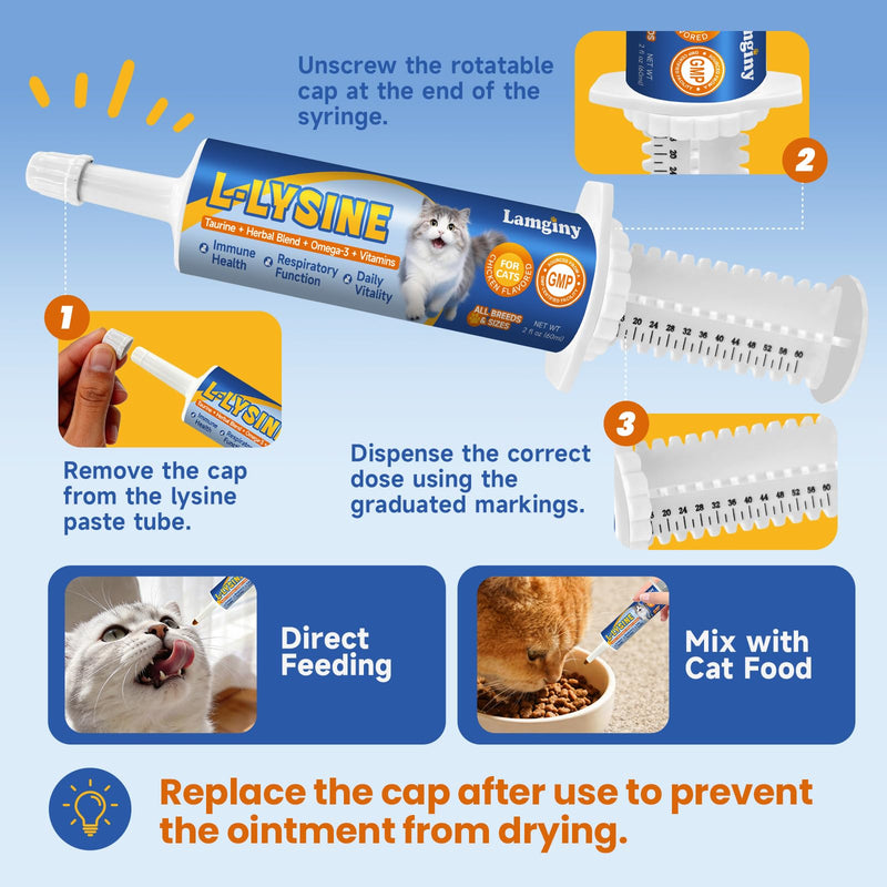 L-Lysine for Cats - Support Immune System, Respiratory & Eye Health - Cat Lysine Paste with Herbal Blends, Taurine, Omega-3, Vitamins - Reduces Sneezing, Runny Nose, Watery Eyes - 60ML, Chicken Flavor