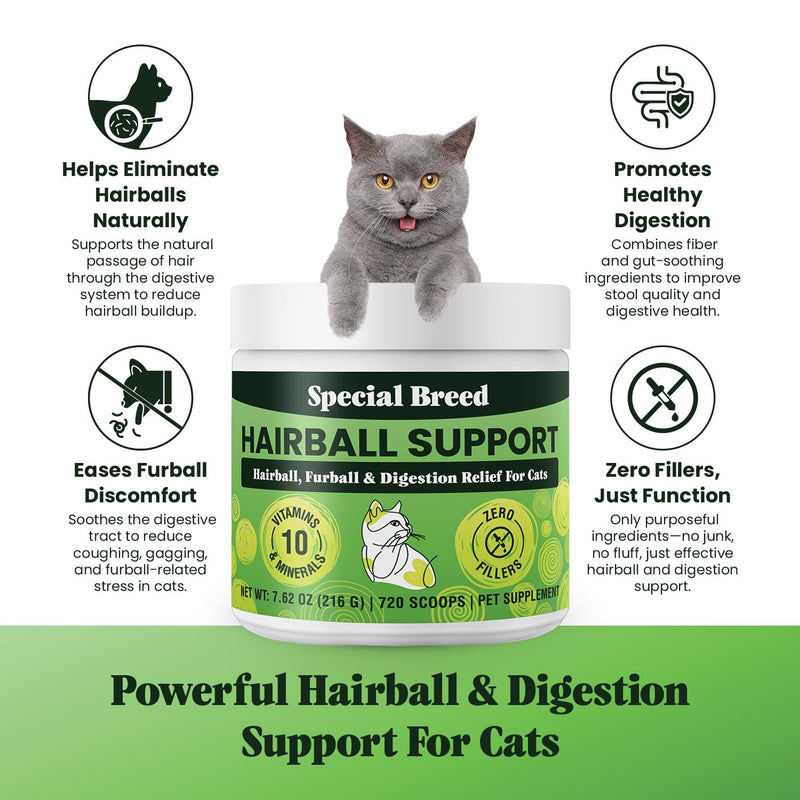 Special Breed Hairball Support for Cats - 10 Super Ingredients for Hairball Relief, Digestive Support & Healthy Skin - No Fillers - Psyllium, Pumpkin, Omega-3s & More - 720 Scoops 7.62oz