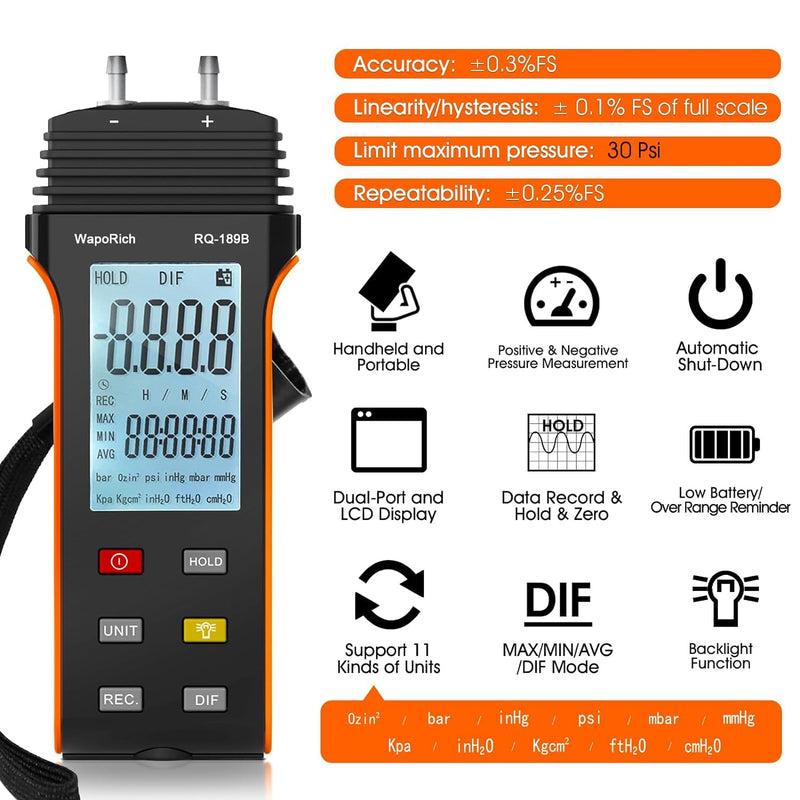 Manometer Air Pressure Meter, WapoRich Dual-Port HVAC Gas Pressure Tester ±30Psi/206.8Kpa ±0.3% with 11 Selectable Units of Differential Pressure Gauge, Backlight and Data Record RQ-189B(Limit maximum pressure:30Psi)