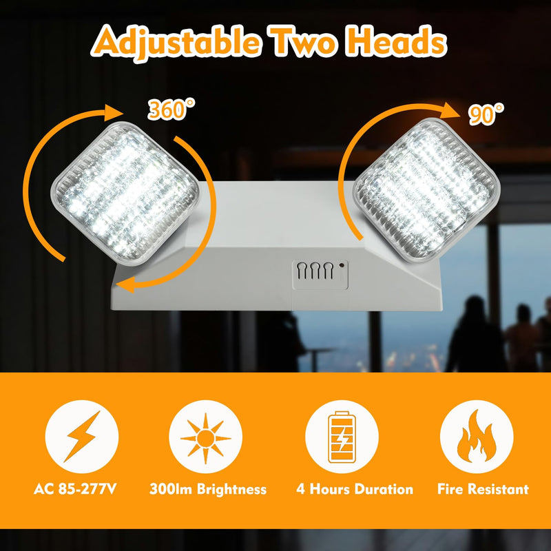 Plug in Emergency Lights for Business Home Power Failure 4Hours 300lm LED Commercial Emergency Light Fixtures with Battery Backup Rechargeable Adjustable Two Heads AC85-277V Square White