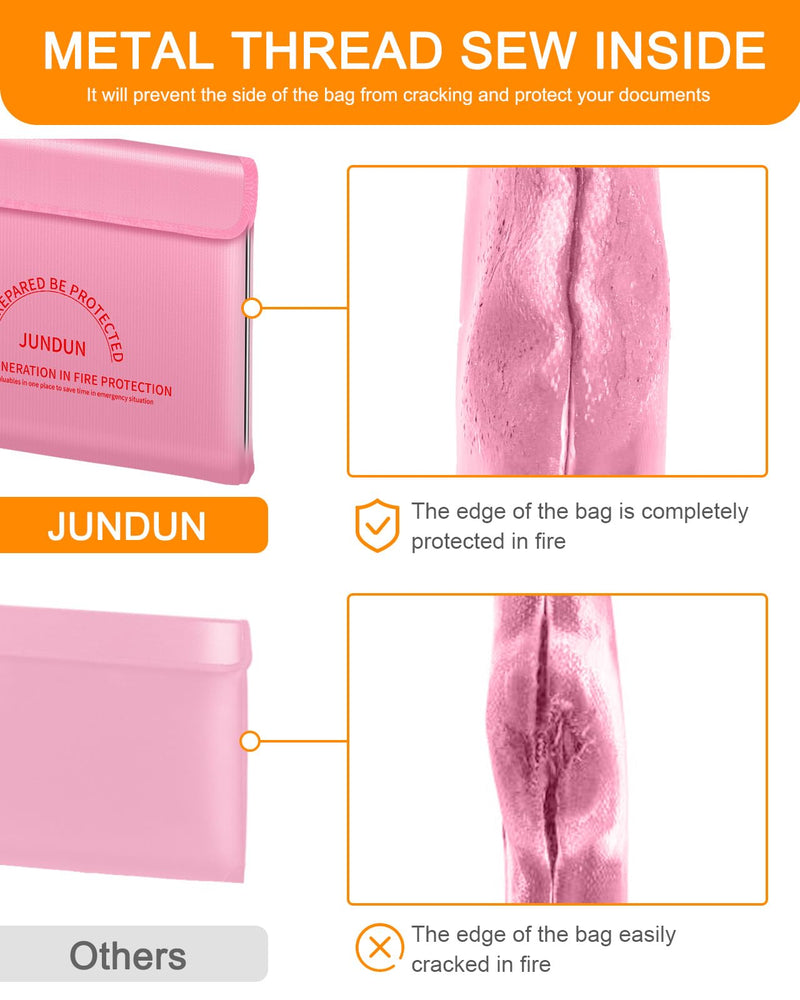 JUNDUN Fireproof Document Bag with 5200℉ Heat Insulated,14.0”x10.4” Waterproof and Fireproof Money Bag,8 Layers Thickened Fire Safe Storage Bag Pouch with Zipper for Document,Money and Cash,Pink Pink Large