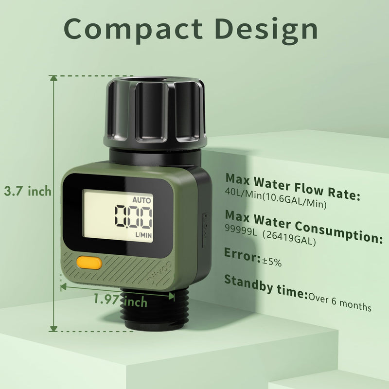 Diivoo Water Flow Meter with 180° Removable Panel, 4 Measure Modes, ±5% High Accuracy and IP54, Measure Gallon/Liter Consumption and Flow Rate for Outdoor Garden Hose Watering, RV Water Tank Filling 1 pack