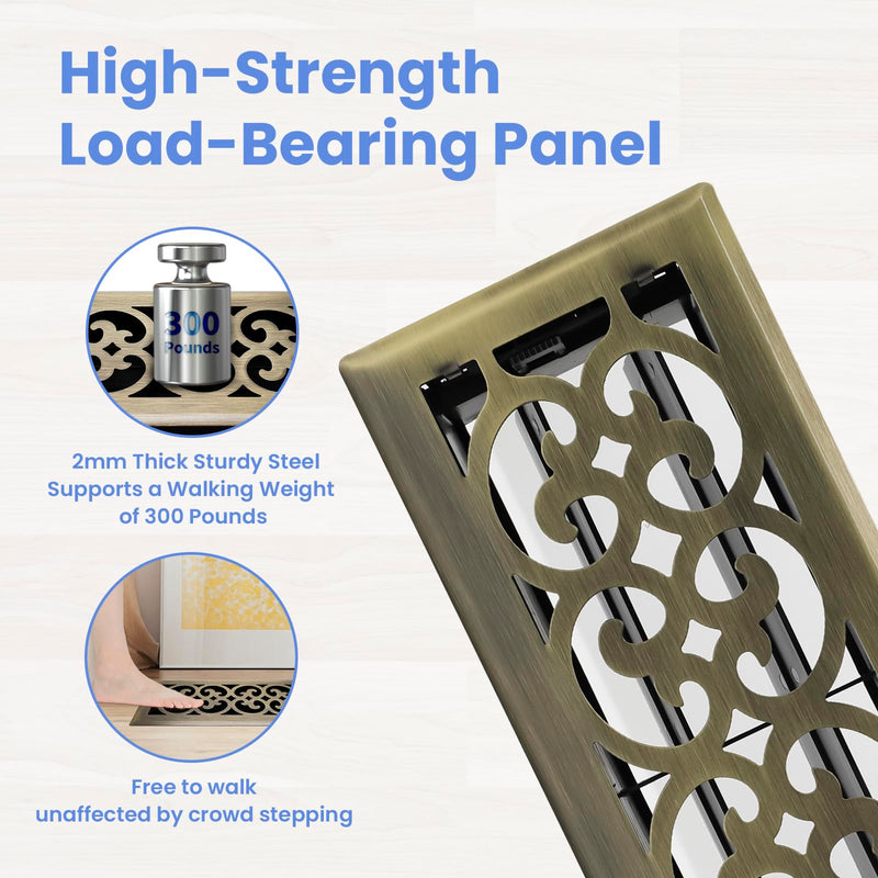 4x12 Inches Heavy Duty Walkable Floor Register Easy Adjust Air Supply Lever Floor Vents - Charlotte Design - Vent Cover for Home Floor - Antique Brass 4x12 Inches