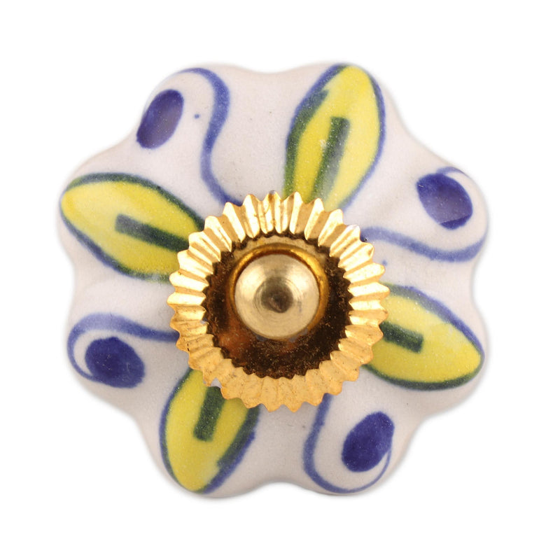 NOVICA Artisan Handmade Ceramic Cabinet Knobs Floral Yellow White Set of 6 India Metal Decor Accessories Decorative Hardware Painted Garden Party Bohemian [ 3.1in H x 2in W x 1.2in D Screw Length 1.6]