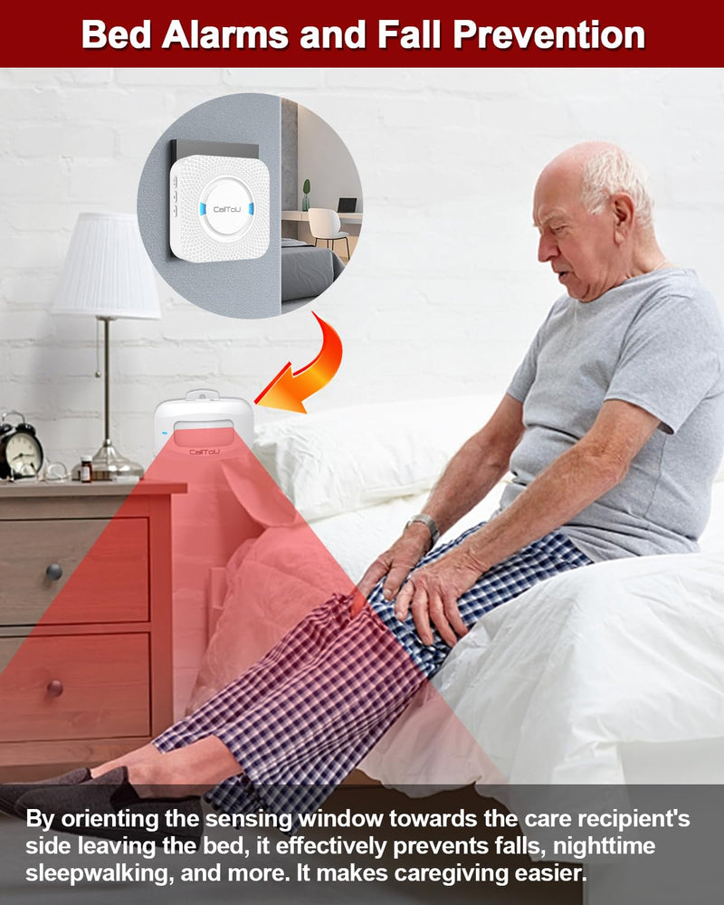 CallToU Bed Sensor Alarm and Fall Prevention for Elderly/Dementia/Patient Wireless Caregiver Pager Motion Sensor Alarms System Motion Detector Alert Monitor System 500+FT, Bed Alarm for Elderly Adult 1 Receiver+ 2 Motion Sensors