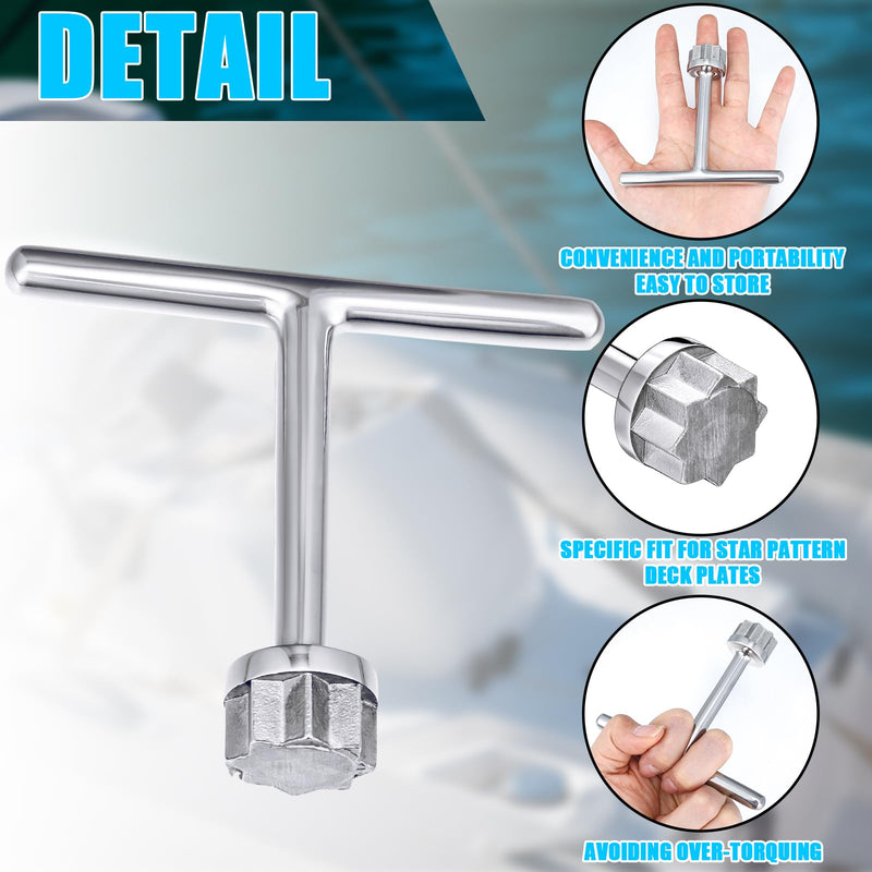 MorningRo Stainless Steel 23 mm T-Handle Star Pattern Key for Deck Plate and Deck Fills Portable Winches Key Versatile Sailboat Tool Rust-Resistant Maritime Tools